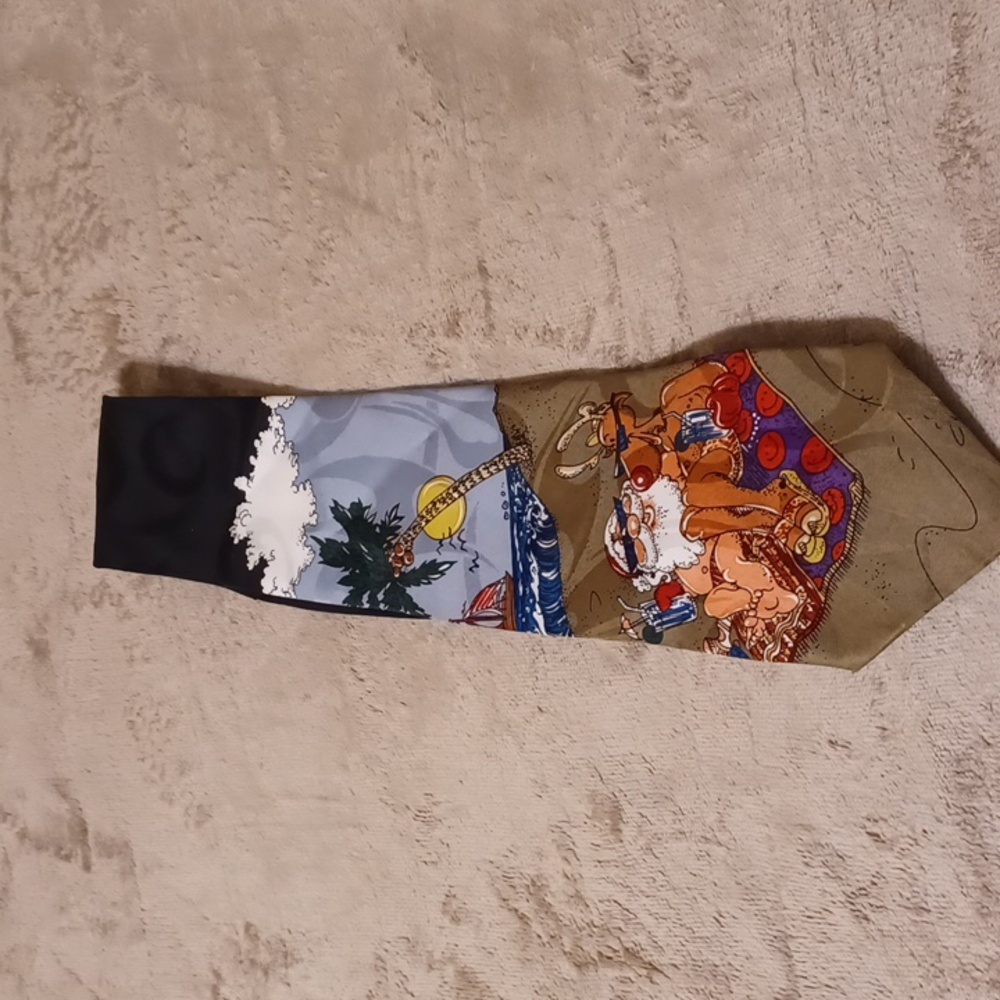 Holiday mens necktie in Black with Santa, reindeer and palm tree. NWOT